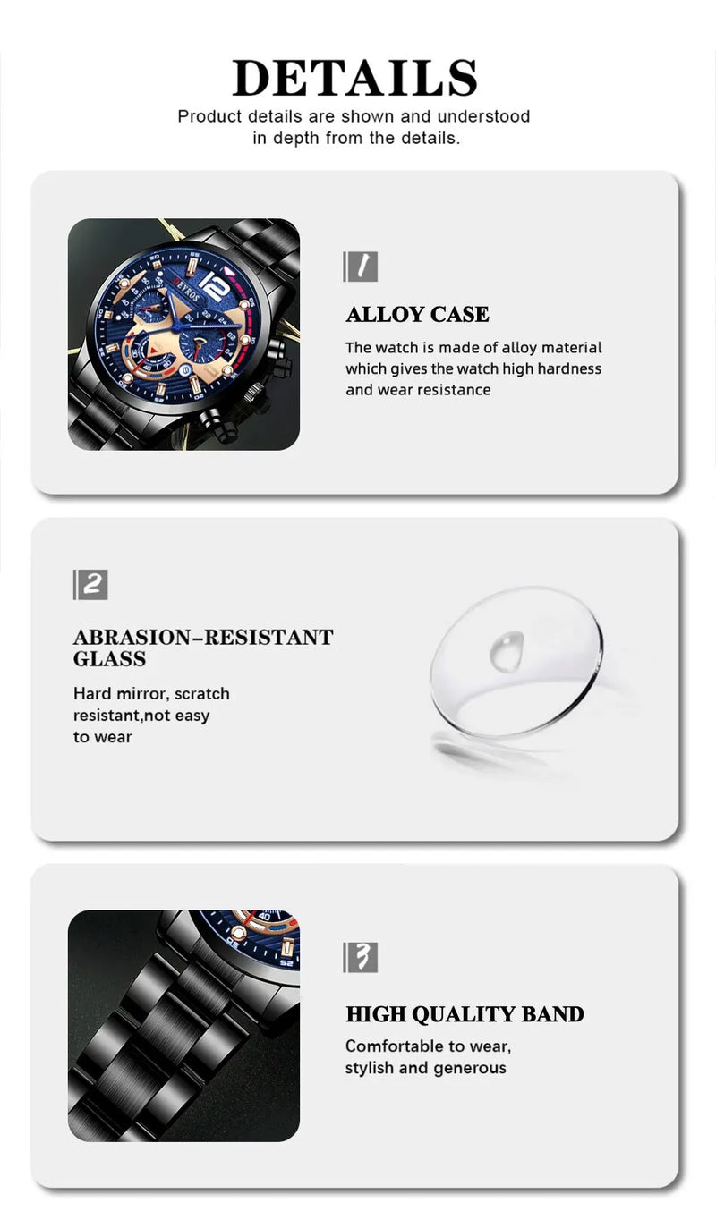 Relógios masculino de pulso em de aço inoxidável quartzo de luxo, calendário luminoso negócios casual