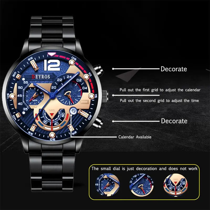 Relógios Deyros Masculino-Relógio digital em aço inoxidável de pulso de quartzo luxo, calendário luminoso masculino negócios casual