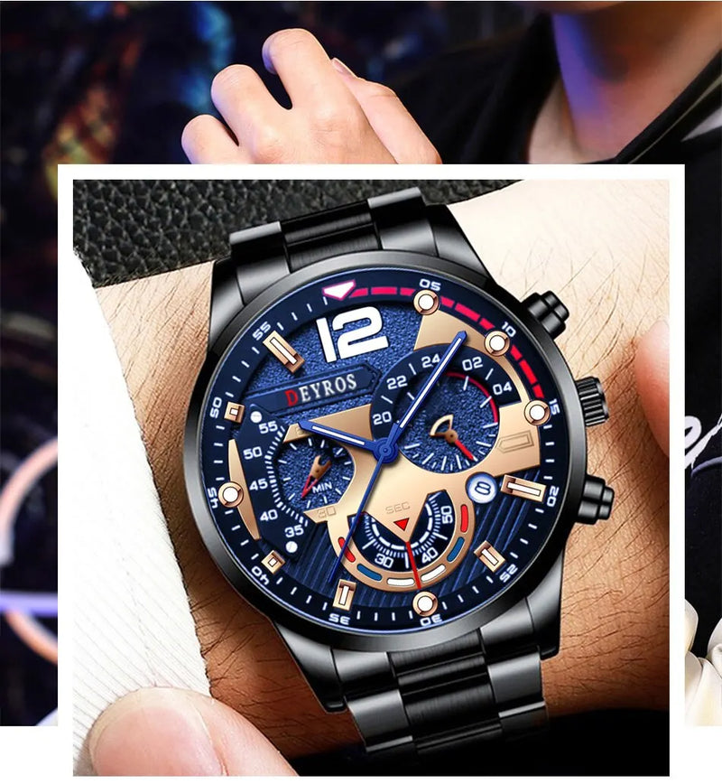 Relógios masculino de pulso em de aço inoxidável quartzo de luxo, calendário luminoso negócios casual