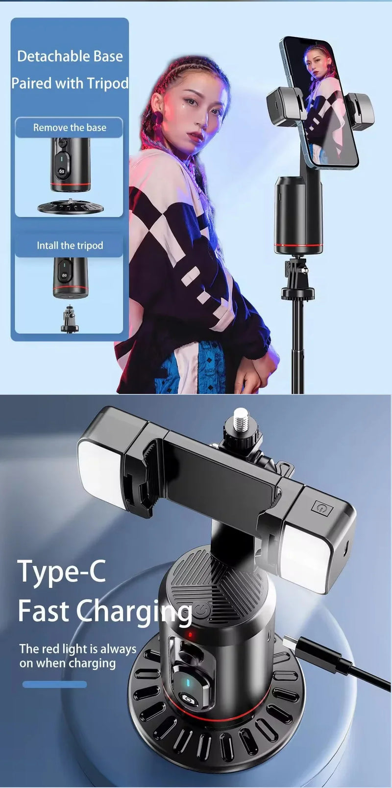 Estabilizador de gimbal de acompanhamento com rotação 360 VIKEFON Monopé de mesa com rastreamento facial e controle remoto para fotografia ao vivo no TikTok