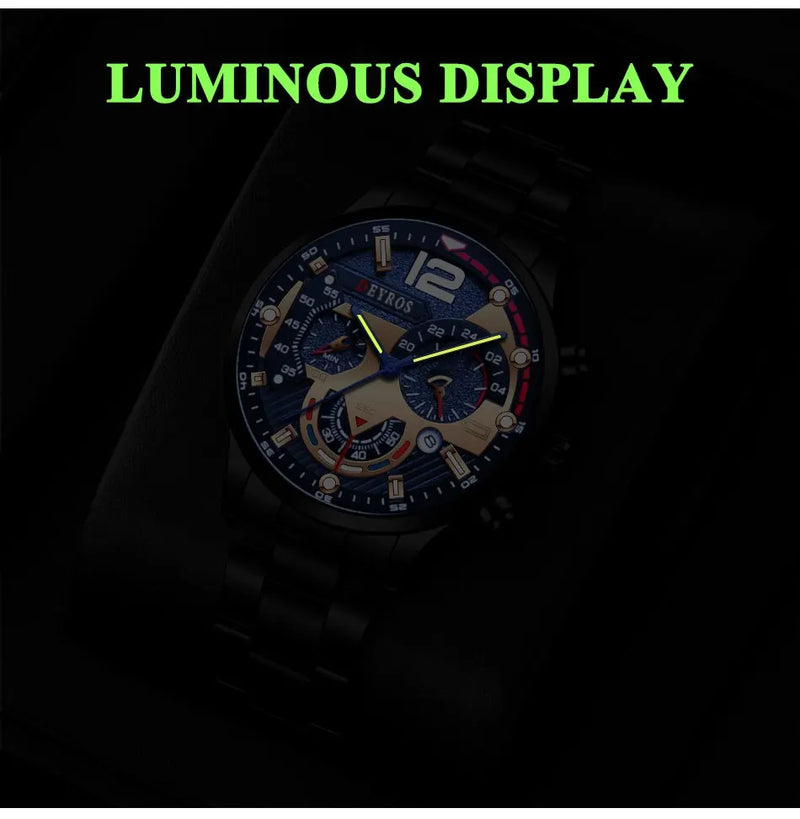 Relógios Deyros Masculino-Relógio digital em aço inoxidável de pulso de quartzo luxo, calendário luminoso masculino negócios casual