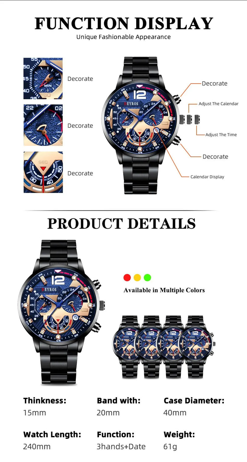Relógios masculino de pulso em de aço inoxidável quartzo de luxo, calendário luminoso negócios casual