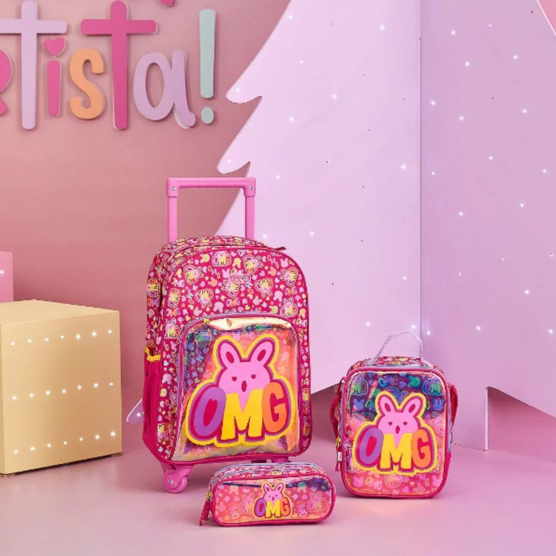kit Mochila de Rodinhas Infantil Pampili OMG Pink 4 Rodinhas